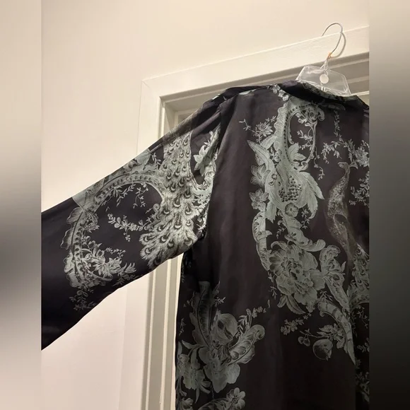 CITRON Santa Monica 1x Silk Black Button-Front Top Sage Peacock Print - Picture 7 of 11